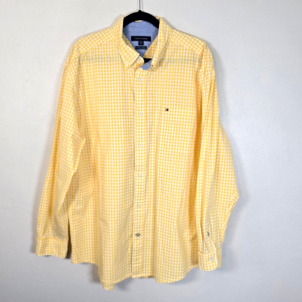 Tommy Hilfiger Classic Fit Stretch Shirt Men's XL Yellow Gingham Preppy Casual